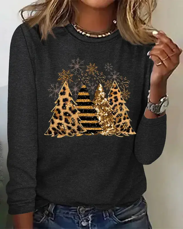 European And American Women's Printed Round Neck Long sleeved T shirt Black - Shop at LoveMi