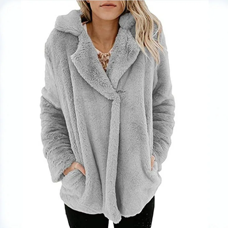 Women's New Cardigan Suit Collar Long Sleeve Plush Top - Gray - View 1