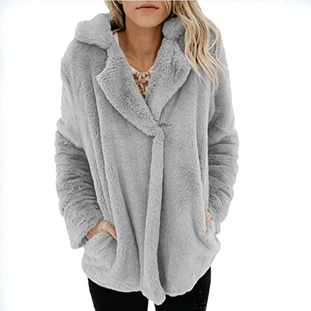 Women's New Cardigan Suit Collar Long Sleeve Plush Top Gray - Shop at LoveMi