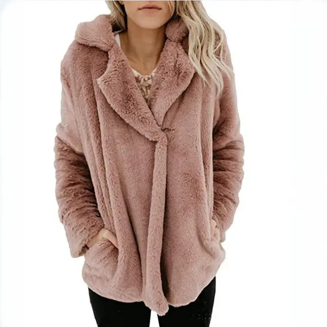 Women's New Cardigan Suit Collar Long Sleeve Plush Top Peach Color - Shop at LoveMi