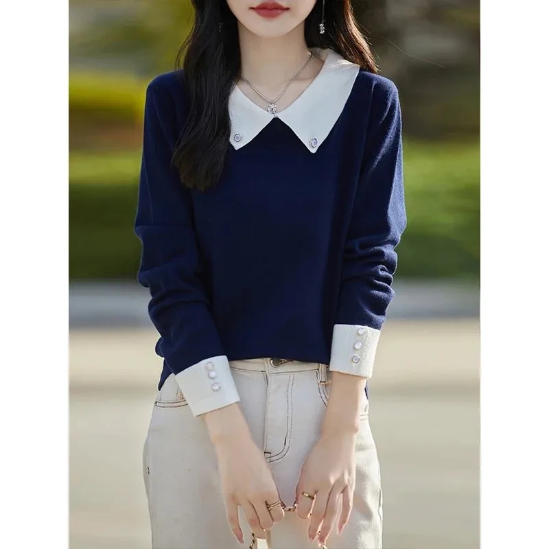 French Minority Young Contrast Color Lapels Bottoming Sweater For Women Navy Blue - Shop at LoveMi