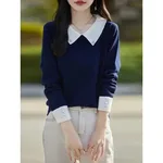 French Minority Young Contrast Color Lapels Bottoming Sweater For Women - Navy
