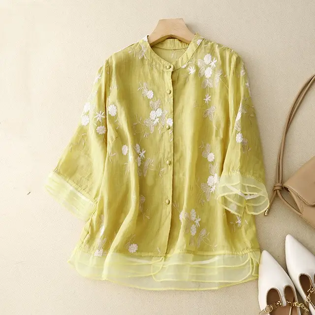 Vintage Shirt Women's Artistic Yarn Embroidery Yellow - Shop at LoveMi