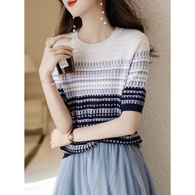 Women's Round Neck Contrast Color Jacquard Plaid Short sleeved Sweater Navy Blue - Shop at LoveMi