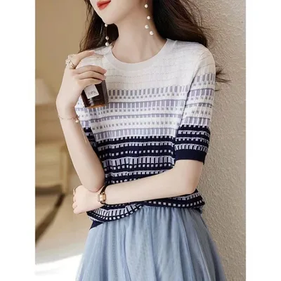 Women's Round Neck Contrast Color Jacquard Plaid Short sleeved Sweater Navy - Shop at LoveMi