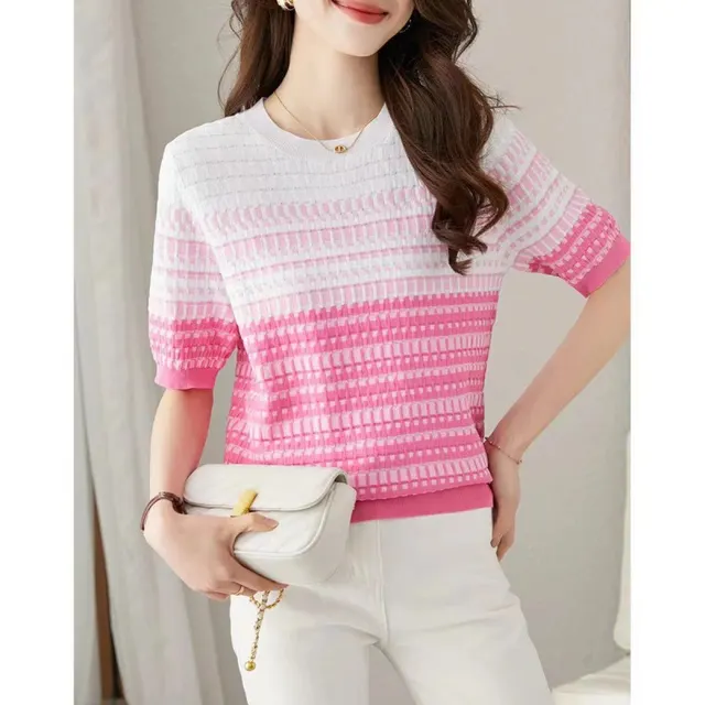 Women's Round Neck Contrast Color Jacquard Plaid Short sleeved Sweater Pink - Shop at LoveMi