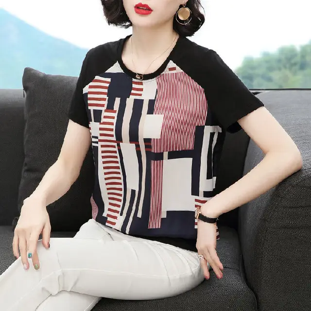 Middle aged Mom Geometric Pattern Printed Top Color - Shop at LoveMi