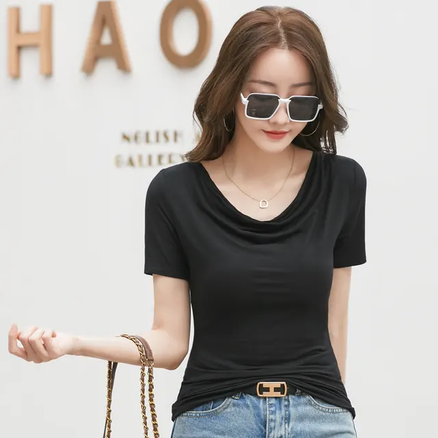 Women's Short sleeved T shirt With Pile Collar Black - Shop at LoveMi