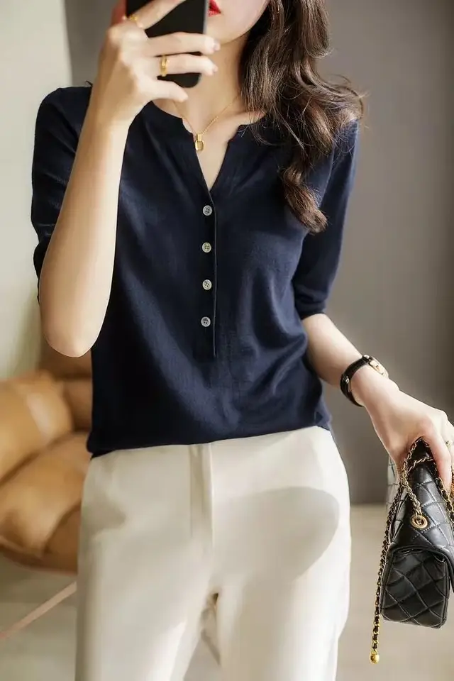 Knitwear Women's V neck Fashion Half open Collar Breasted Top Navy Blue - Shop at LoveMi