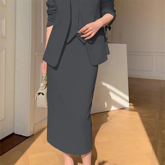 Slimming Loose fitting Casual Suit Skirt Two piece Set Dark Gray - Shop at LoveMi