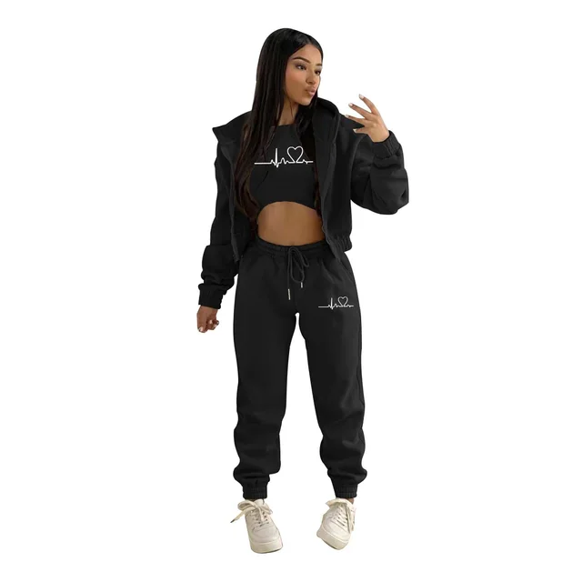 European And American Fashion Women's Wear Brushed Hoody Hooded Letter print Casual Suit Three piece Set Black - Shop at LoveMi