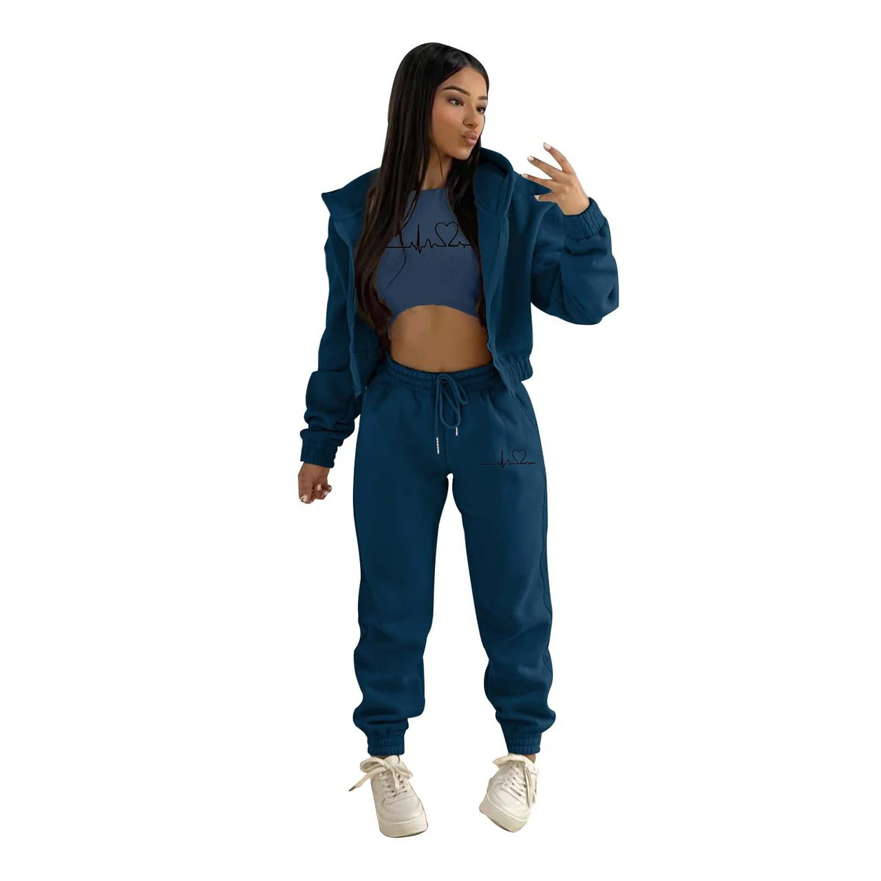 European And American Fashion Women's Wear Brushed Hoody Hooded Letter-print Casual Suit Three-piece Set - Navy Blue