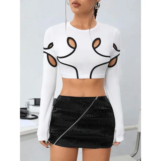 Women's Long Sleeve T shirt Stitching Hollow White - Shop at LoveMi
