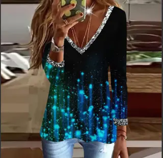 European And American New Elegant Elegant V-neck Women's Long-sleeved T-shirt - Printed Color - View 1