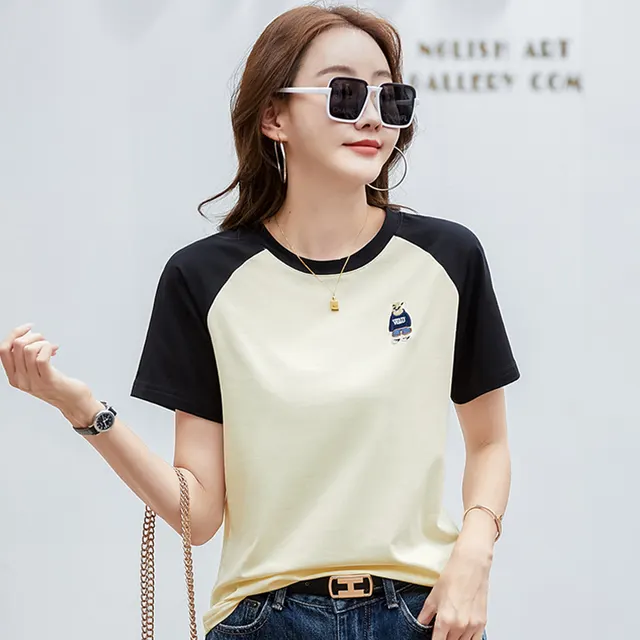Japanese style Retro Embroidered Bear Loose T shirt Light Yellow - Shop at LoveMi