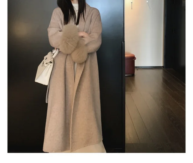 Cuff Detachable Fox Fur Elegant Double sided Cashmere Coat Long Brown - Shop at LoveMi