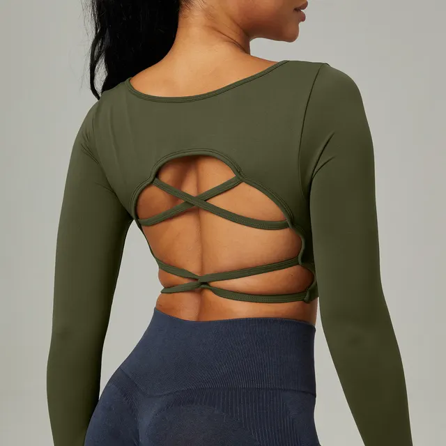 Quick Drying Clothes Outdoor Long Sleeve Cross Beauty Back Workout Clothes Sports Top Army Green - Shop at LoveMi