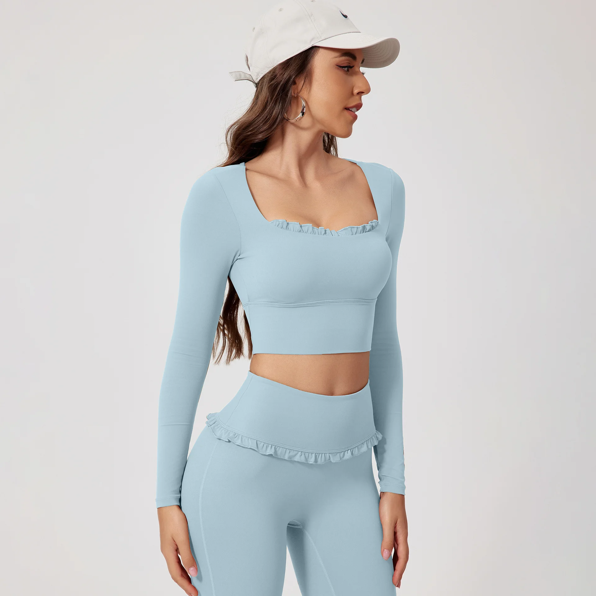 Inch Shadow European And American Quick-drying Fitness Sports Long-sleeved Top - Very Pale Blue