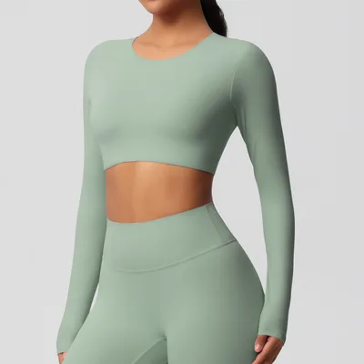 Yoga Clothes Pilates Running Sport Long Sleeve Top Basil Green - Shop at LoveMi