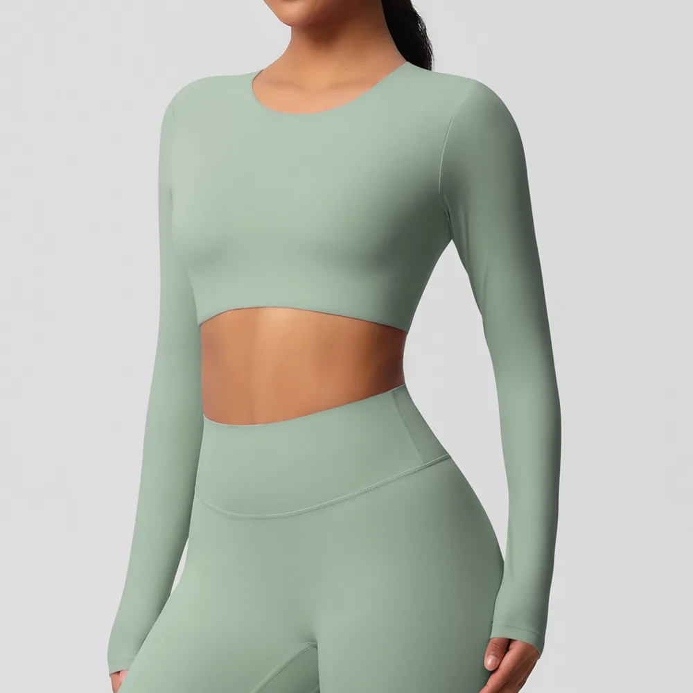 Yoga Clothes Pilates Running Sport Long Sleeve Top - Basil Green - View 1