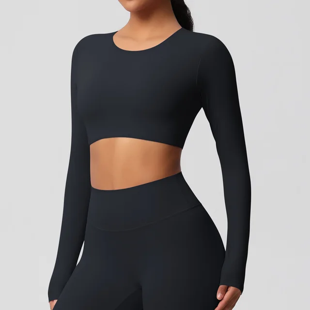 Yoga Clothes Pilates Running Sport Long Sleeve Top Black - Shop at LoveMi