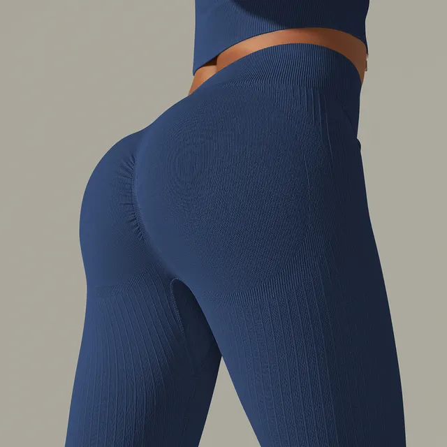 Pure Color Tight Striped High Waist Yoga Sports Running Fitness Pants 9310 Dark Blue Trousers - Shop at LoveMi