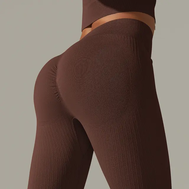 Pure Color Tight Striped High Waist Yoga Sports Running Fitness Pants 9310 Trousers Brown - Shop at LoveMi