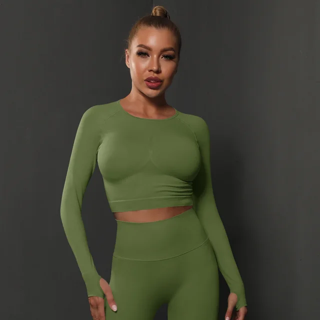 Seamless Knitted Solid Color Peach Tight Top Army Green - Shop at LoveMi