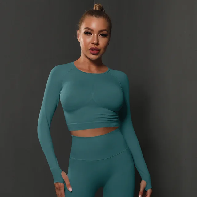 Seamless Knitted Solid Color Peach Tight Top Blue - Shop at LoveMi