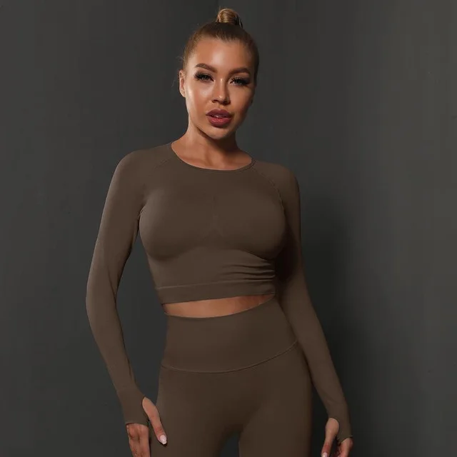 Seamless Knitted Solid Color Peach Tight Top Brown - Shop at LoveMi