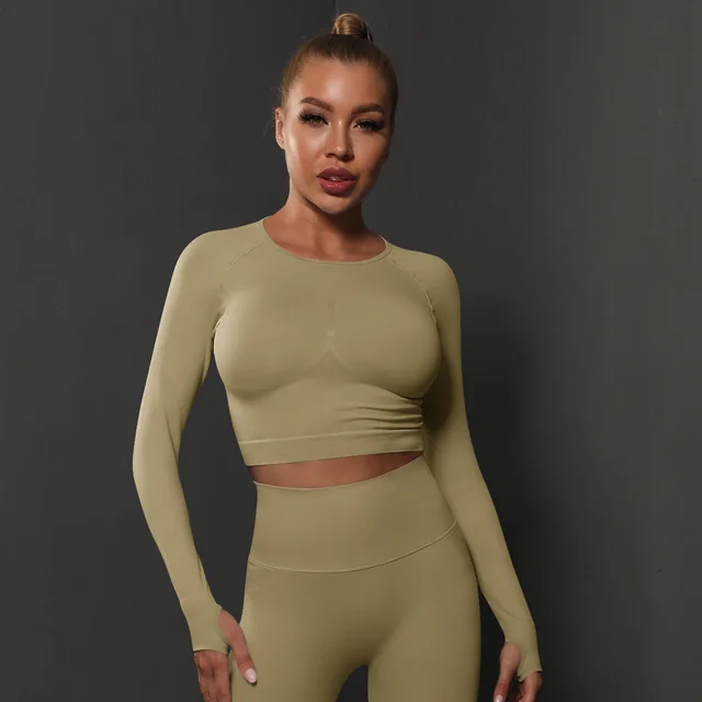 Seamless Knitted Solid Color Peach Tight Top Khaki - Shop at LoveMi