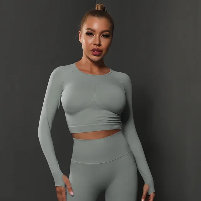 Seamless Knitted Solid Color Peach Tight Top Light Gray - Shop at LoveMi