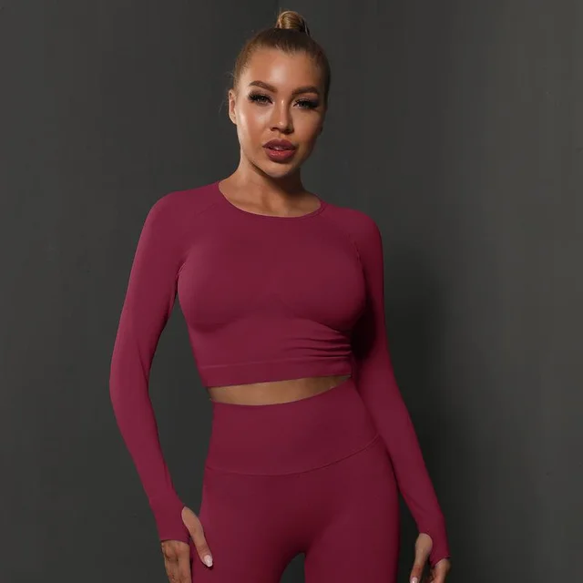 Seamless Knitted Solid Color Peach Tight Top Wine Red - Shop at LoveMi