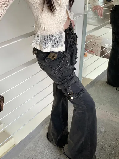 Washed Old Multi pocket Slightly Flared Jeans Gray - Shop at LoveMi