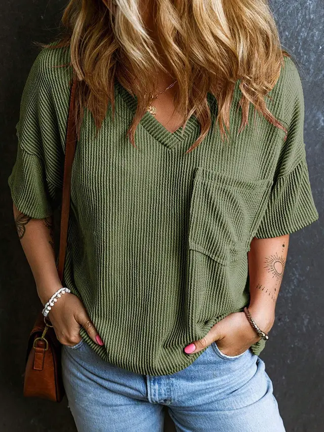 Two tone Pocket Short Sleeve V neck Top Army Green - Shop at LoveMi