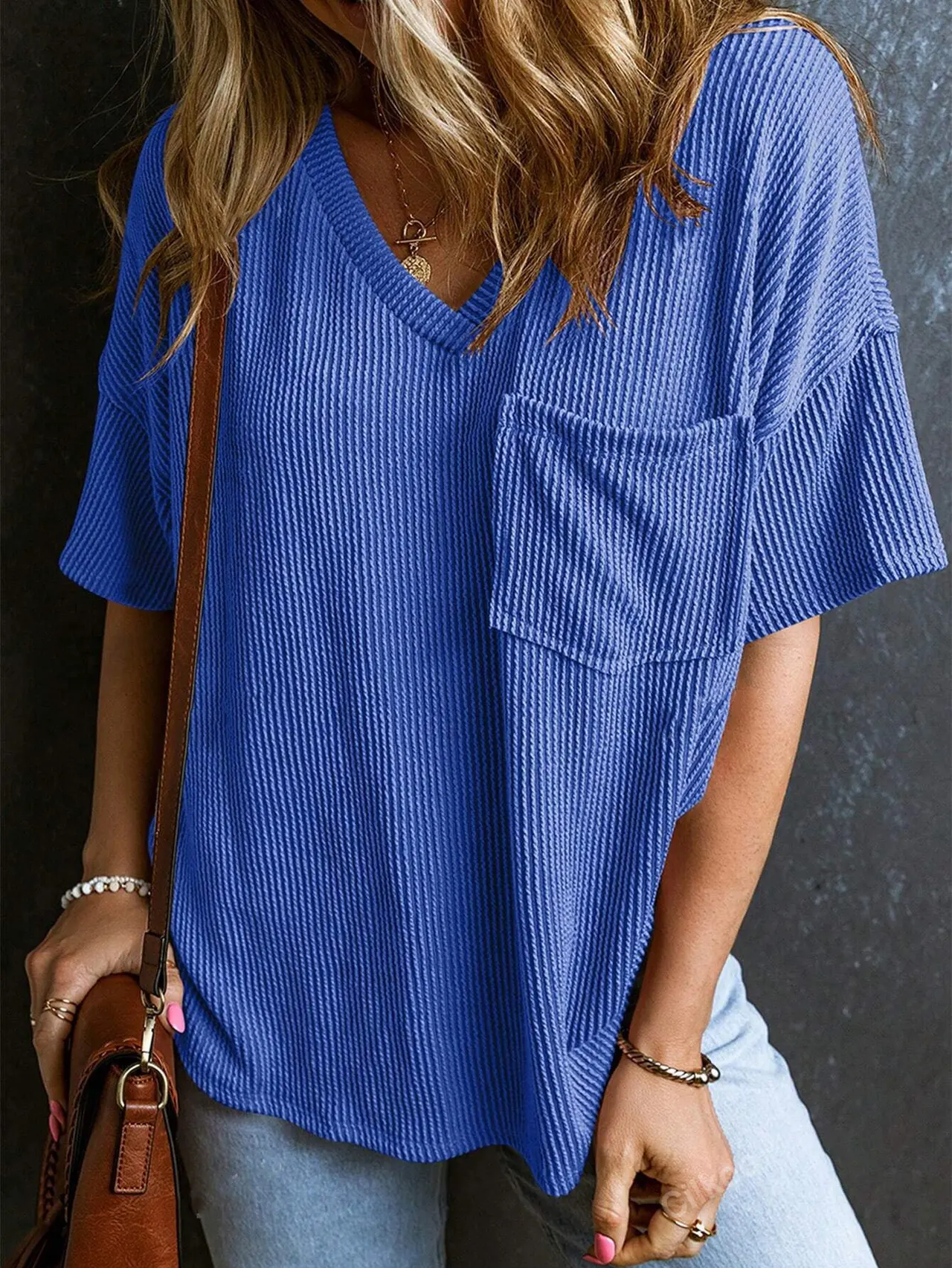 Two-tone Pocket Short Sleeve V-neck Top - Blue