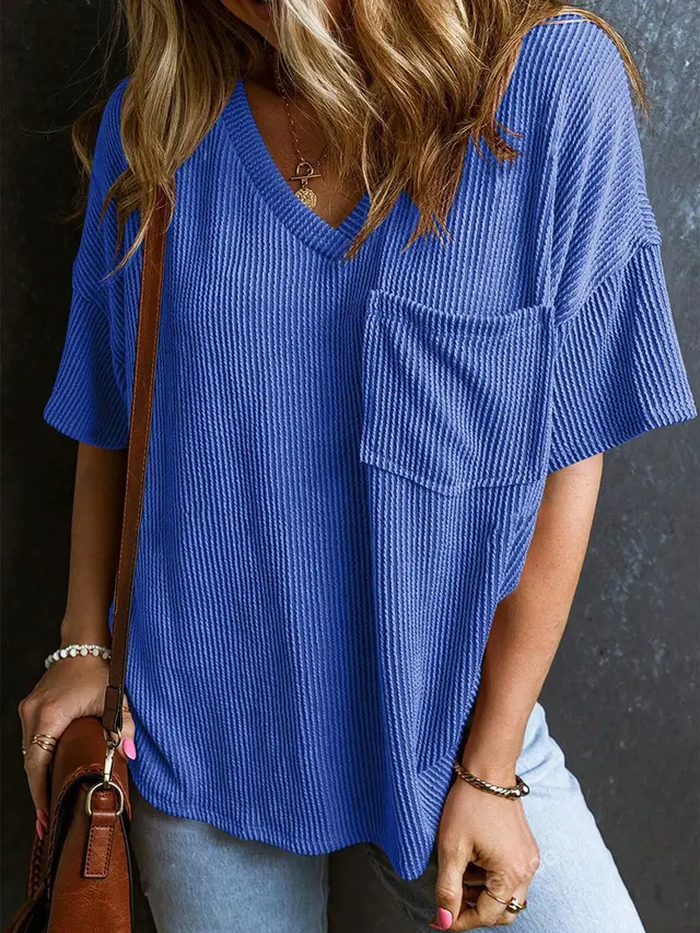 Two tone Pocket Short Sleeve V neck Top Blue - Shop at LoveMi