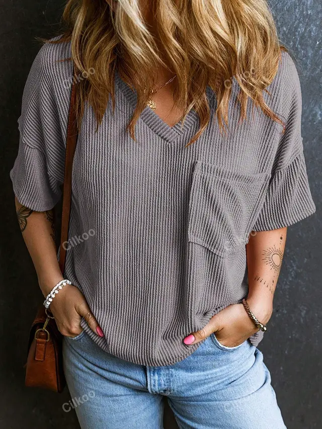Two tone Pocket Short Sleeve V neck Top Gray - Shop at LoveMi