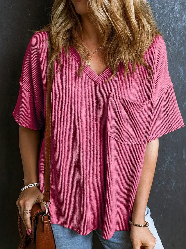 Two tone Pocket Short Sleeve V neck Top Rose Red - Shop at LoveMi