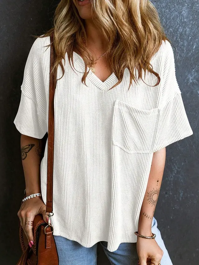 Two tone Pocket Short Sleeve V neck Top White - Shop at LoveMi