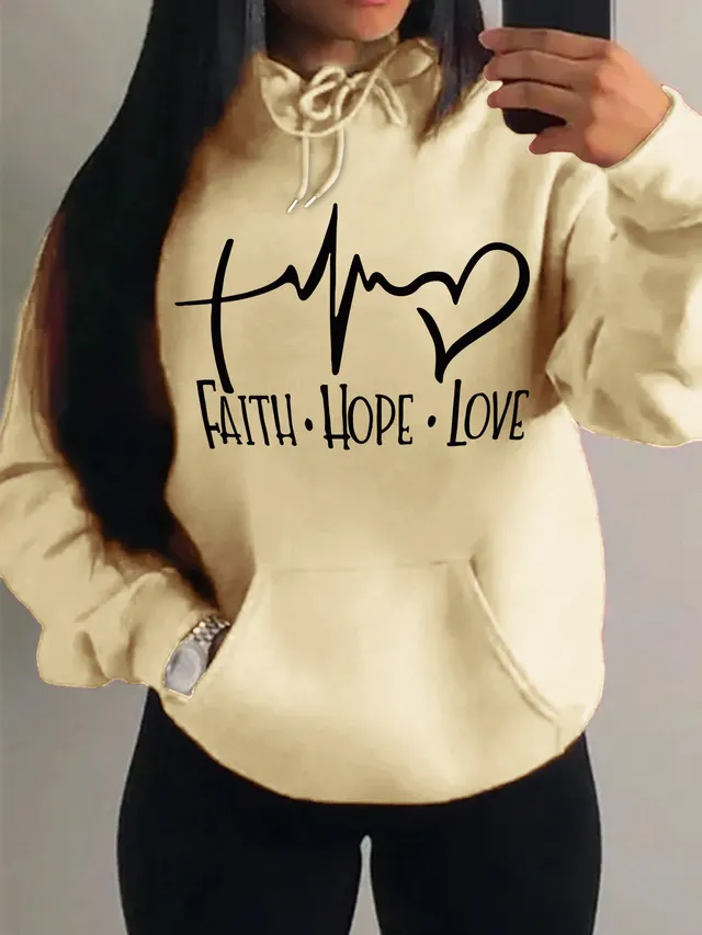 Faith Hope Love Letter Graphic Women Hoodie Beige - Shop at LoveMi