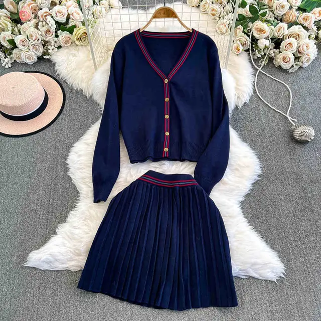V neck Knitted Jacket Gray Pleated Skirt Two piece Suit Blue - Shop at LoveMi