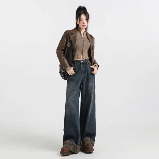 Leopard print Curling Niche Design Stitching Jeans Blue - Shop at LoveMi