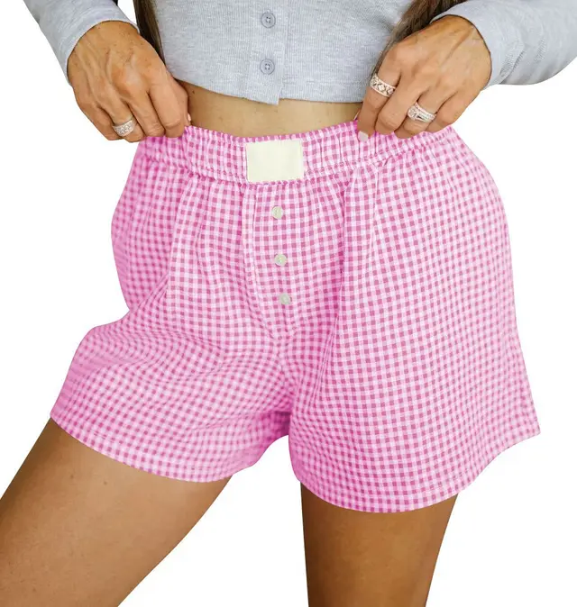 Women's Loose Casual Cotton Plaid Shorts Bright Pink - Shop at LoveMi