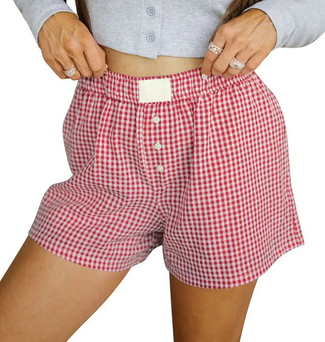 Women's Loose Casual Cotton Plaid Shorts Hot Red - Shop at LoveMi