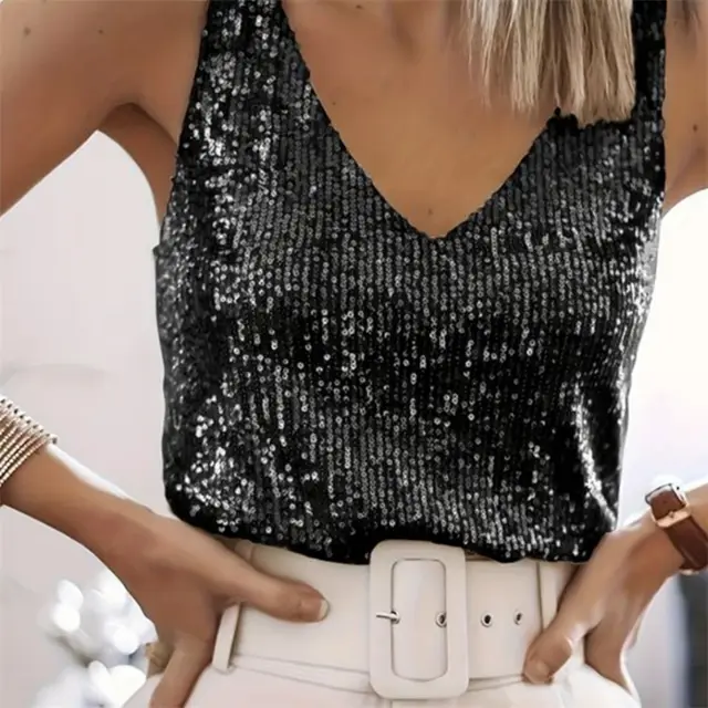Women's Sequin Summer Young Sexy V neck Top Black - Shop at LoveMi