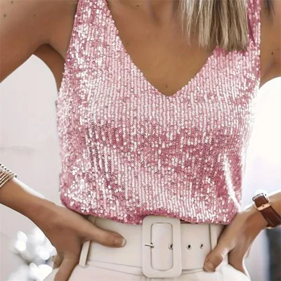 Women's Sequin Summer Young Sexy V neck Top Pink - Shop at LoveMi