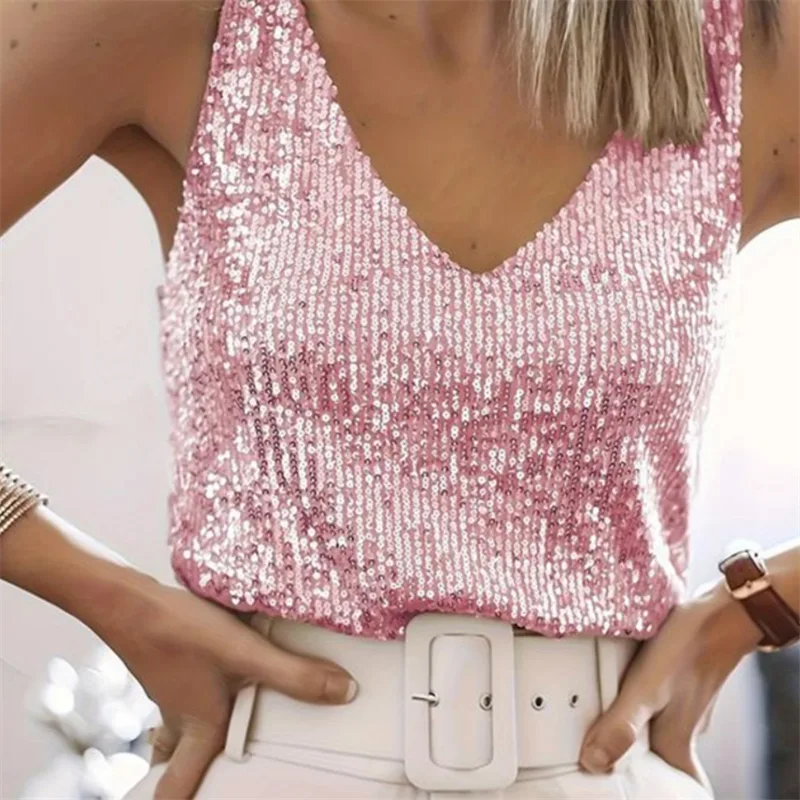 Women's Sequin Summer Young Sexy V-neck Top - Pink