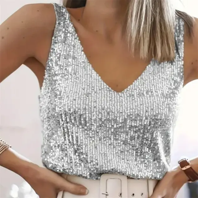 Women's Sequin Summer Young Sexy V neck Top Silver - Shop at LoveMi