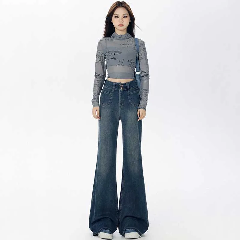 American Retro Loose Straight Wide Leg Jeans Dark Blue Lengthening - Shop at LoveMi